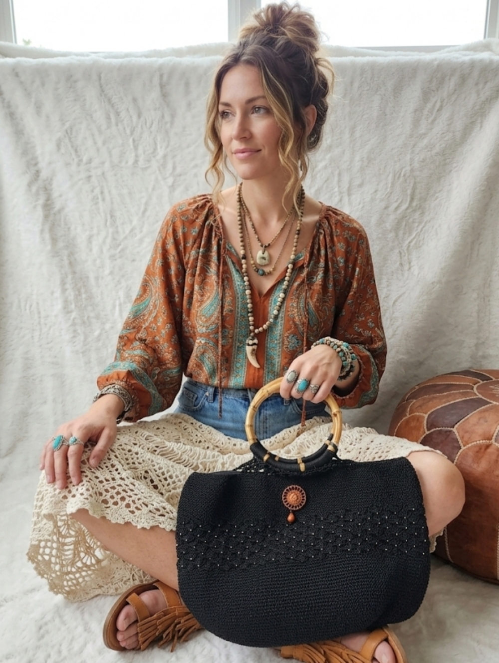Handmade Bohemian Crochet Tote Handbag‎ with Bamboo Handles NWT